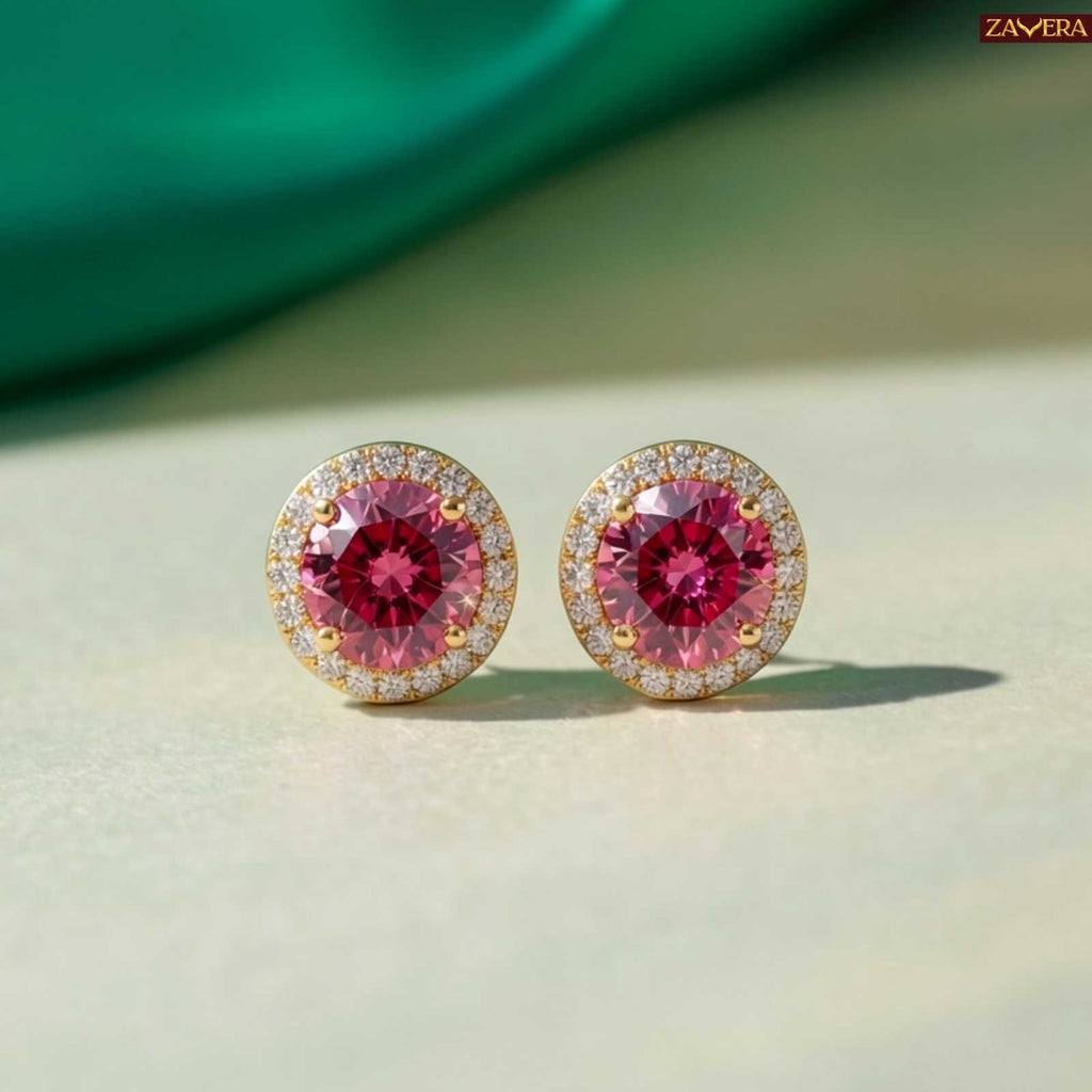 Zavera Pink Halo Gold Plated Stud Earrings