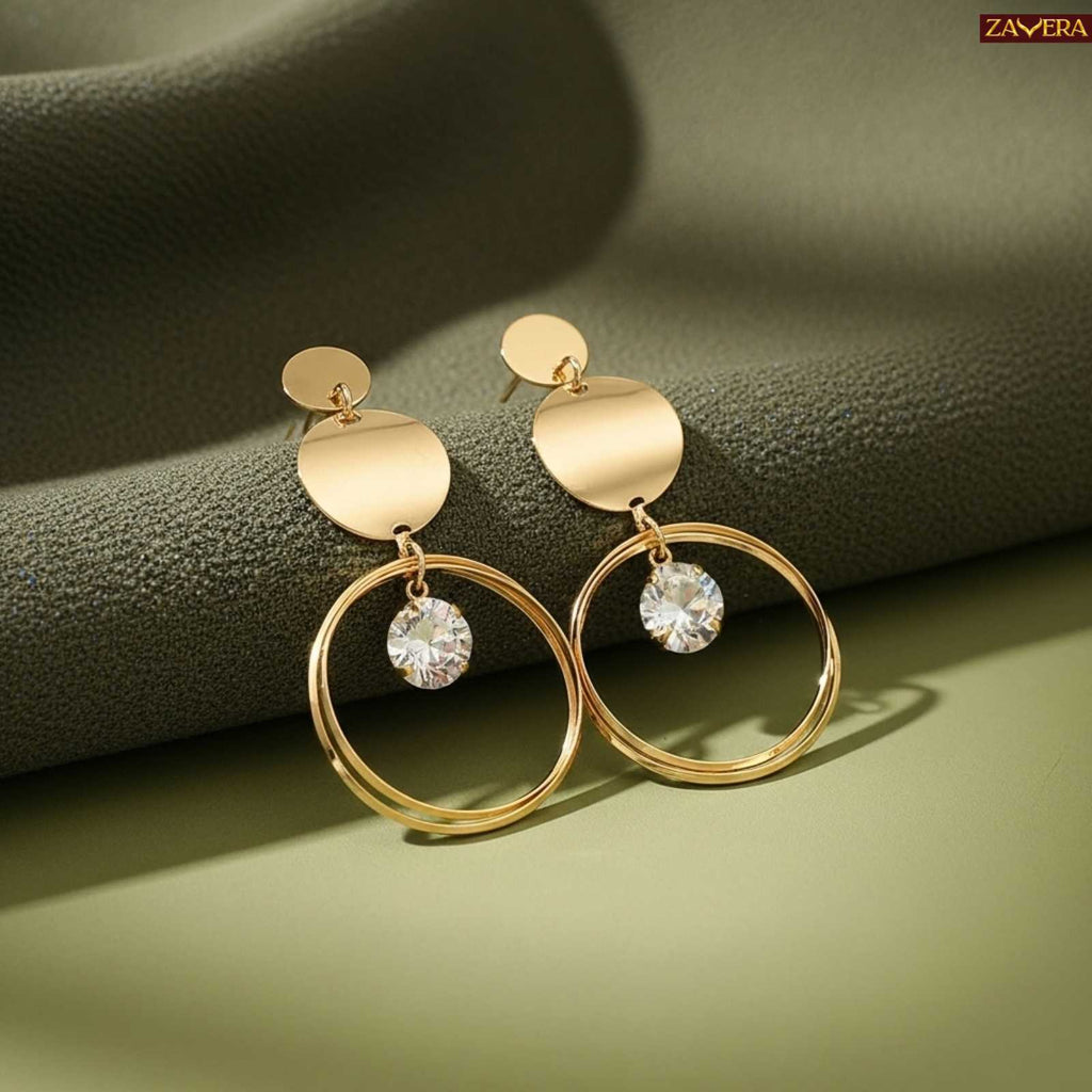 Minimal Round Disc Gold Plated Drop Earrings For Women