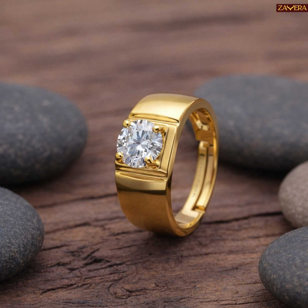 Zavera Men Round Solitaire Crystal Adjustable Ring Gold Plated