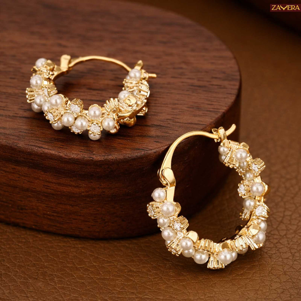 Classic Pearl Gold Plated Hoop Earrings For Women