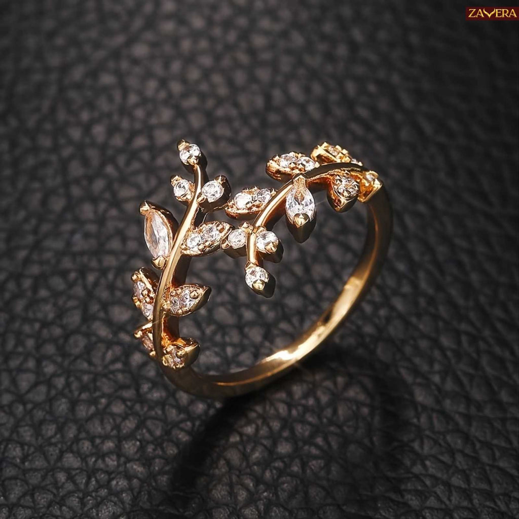 Zavera Gold Plated Leaf Branch Stone Adjustable Ring