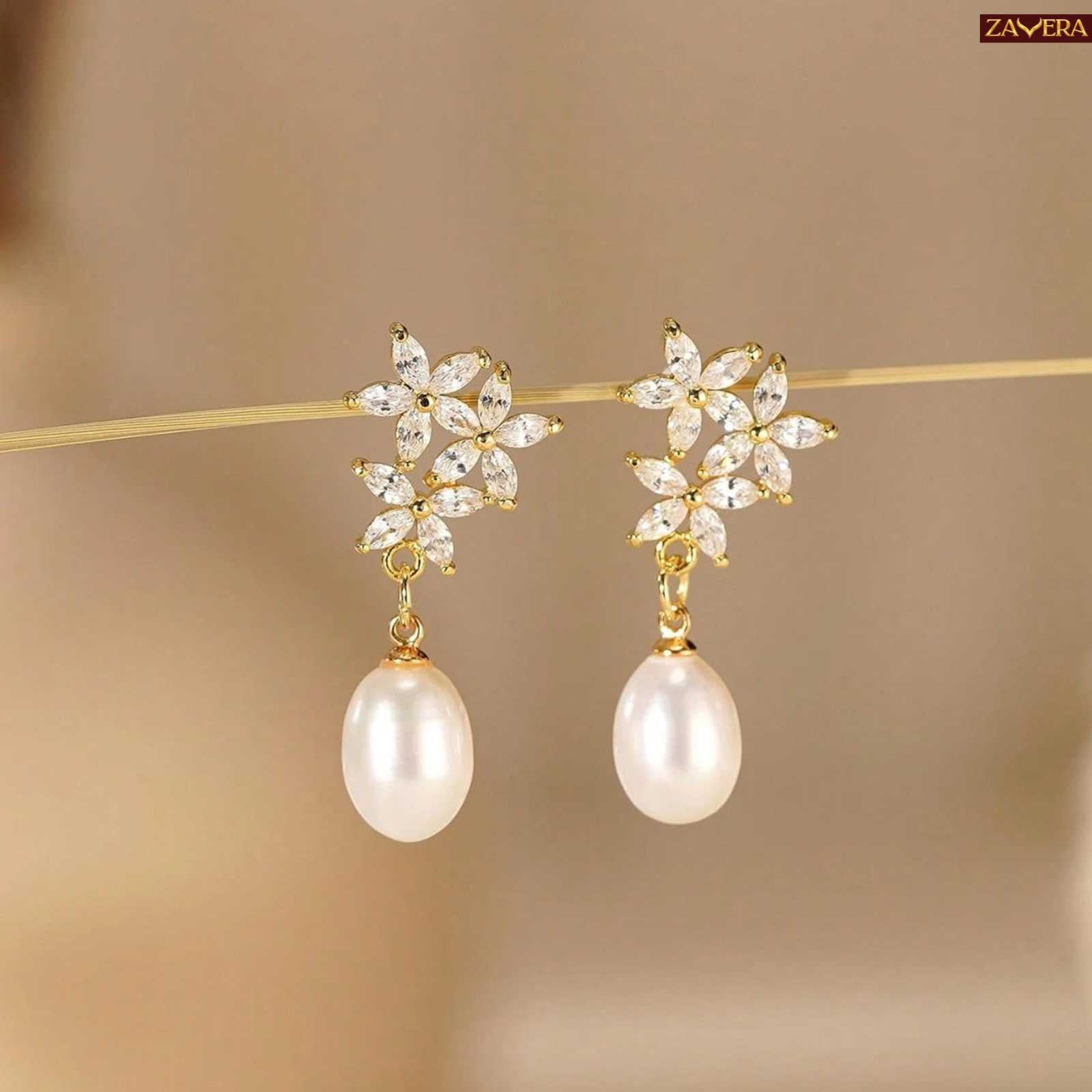 Elegant Floral Pearl Gold Plated Drop Earrings For Women