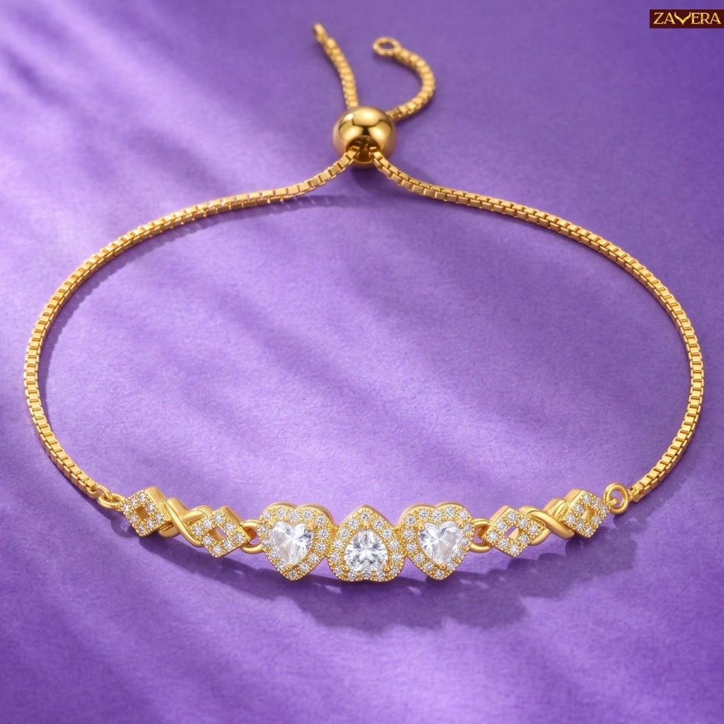 Zavera Gold Plated Trio Heart CZ Crystal Adjustable Bolo Slider Bracelet for Women