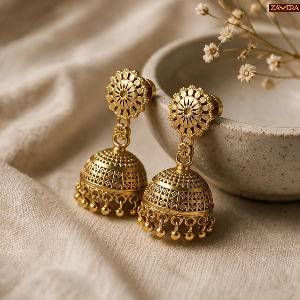 Zavera Gold Plated Floral Jhumka Earrings for Women