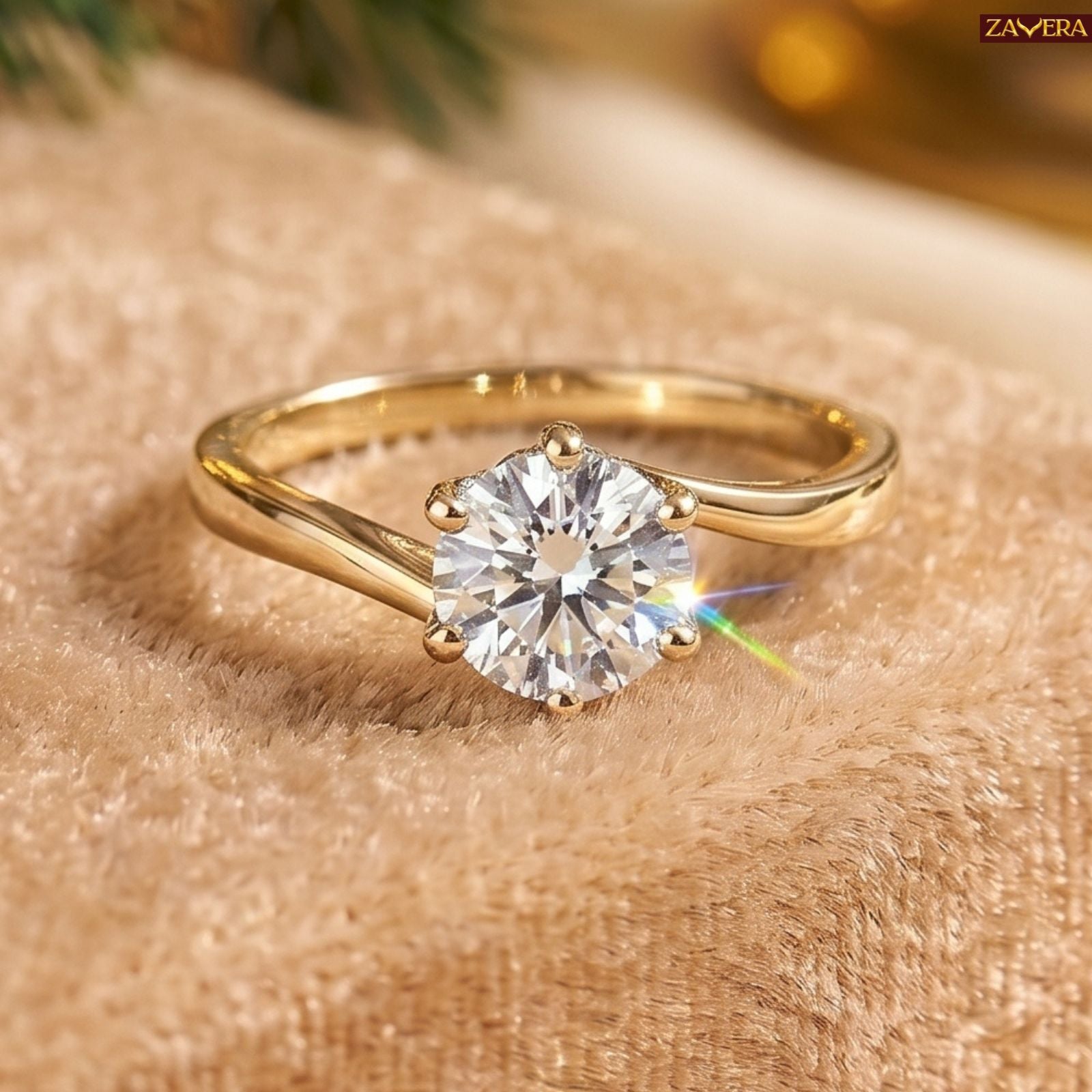 Zavera Brass 22K  Classic Round Cut Solitaire Gold Plated Ring For Women