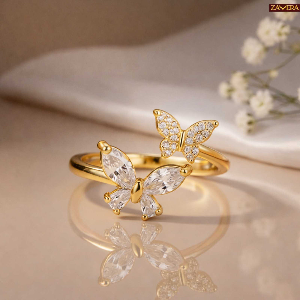 Zavera Gold Plated Butterfly Floral Adjustable Ring