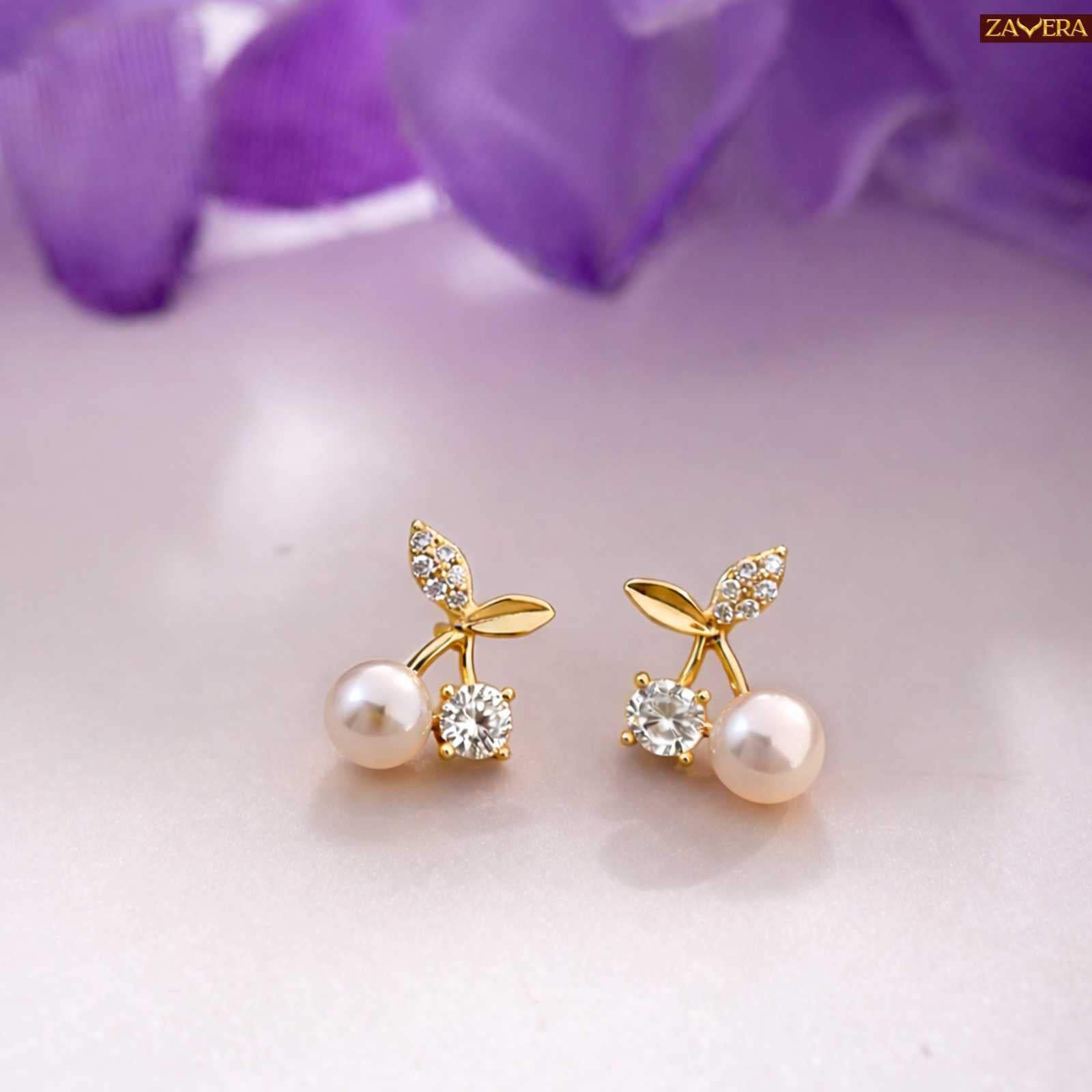 Cherry Pearl Gold Plated Stud Earrings For Women