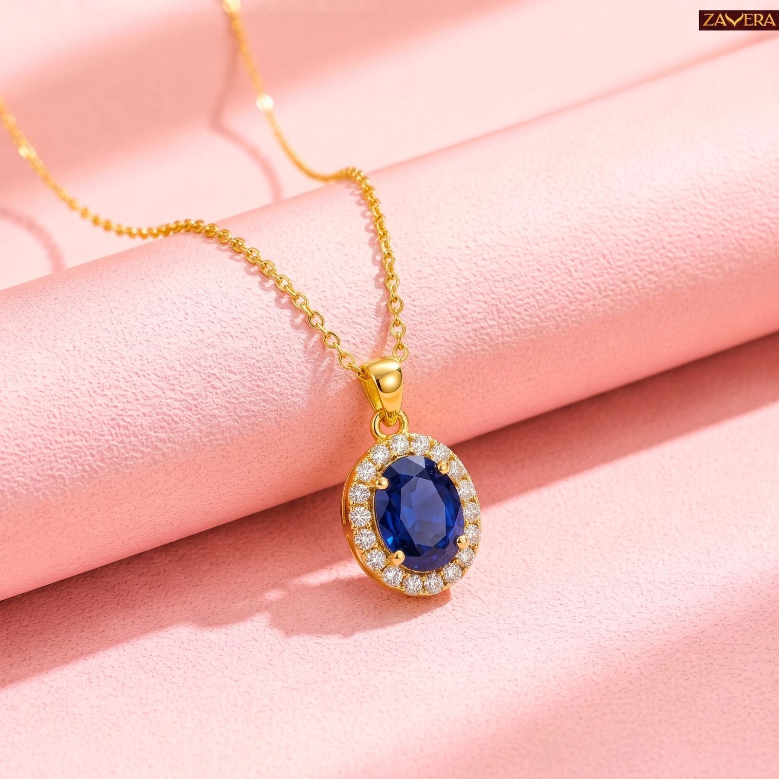 Zavera Gold Plated Blue Stone Pendant For Women