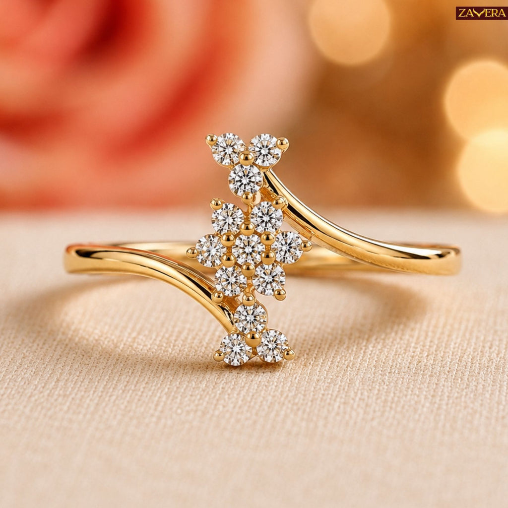 Zavera Brass 22K Floral American Diamond Gold Plated Adjustable Ring For Women