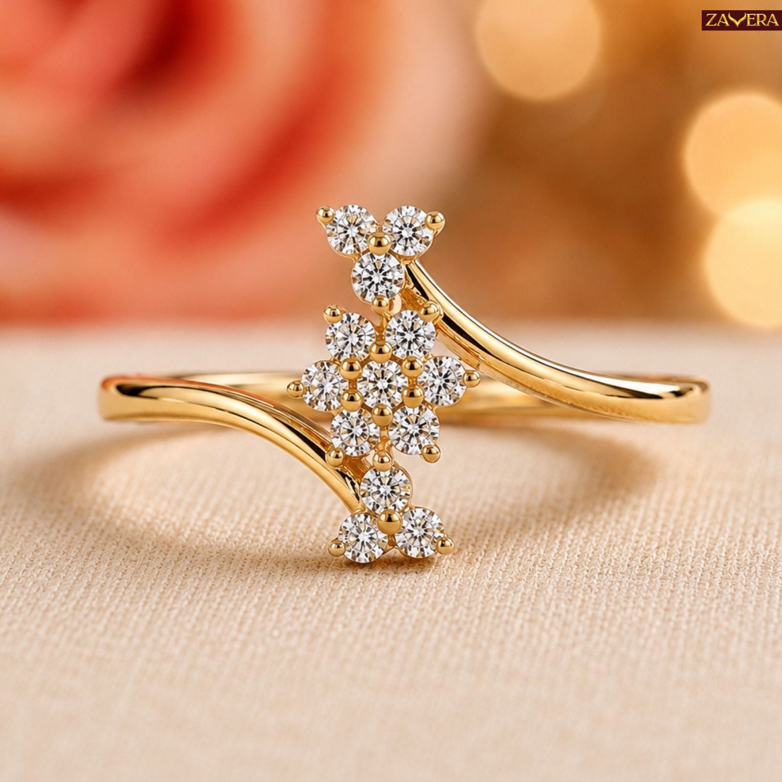 Zavera Brass 22K Floral American Diamond Gold Plated Adjustable Ring For Women