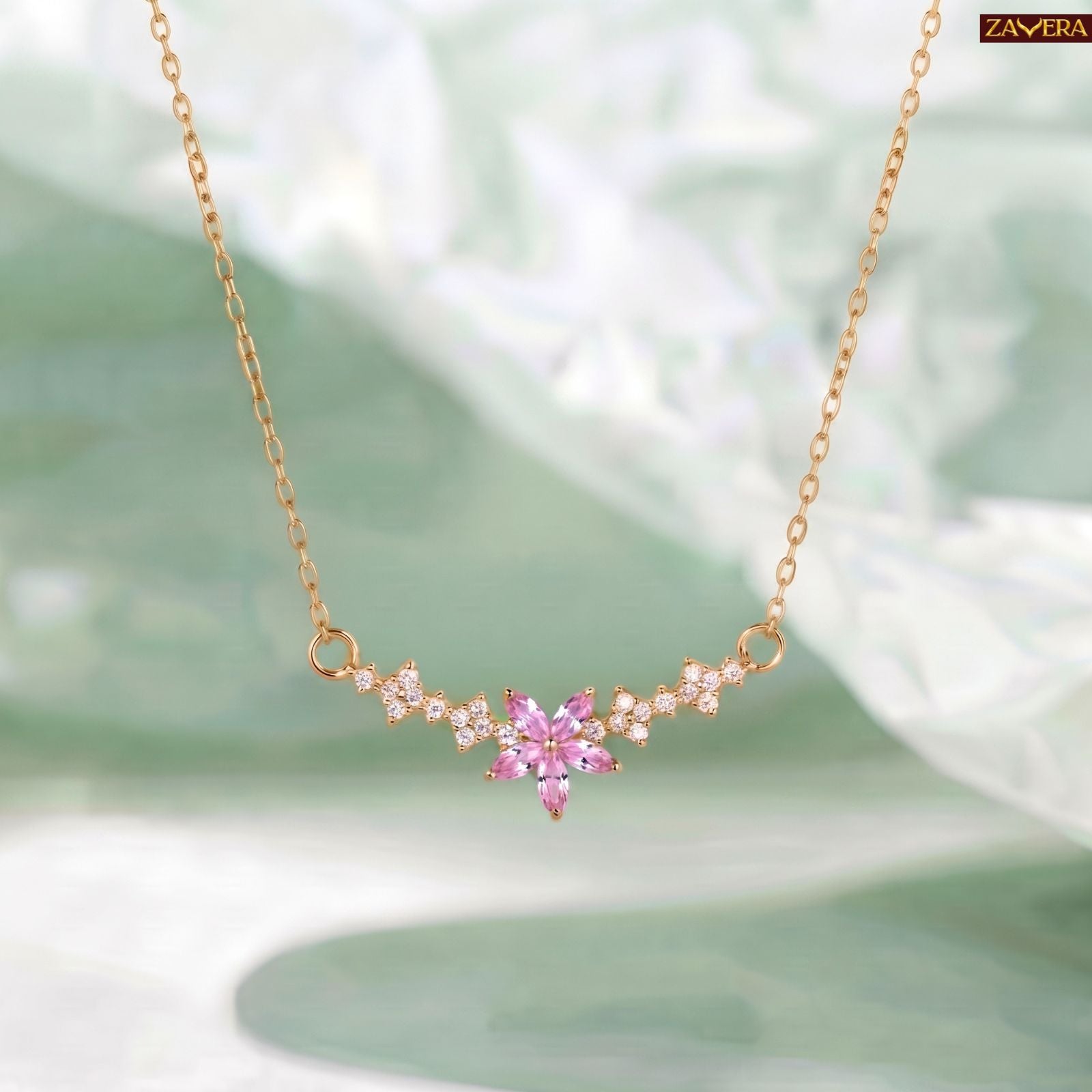 Zavera Gold Plated Pink Flower Pendant For Women