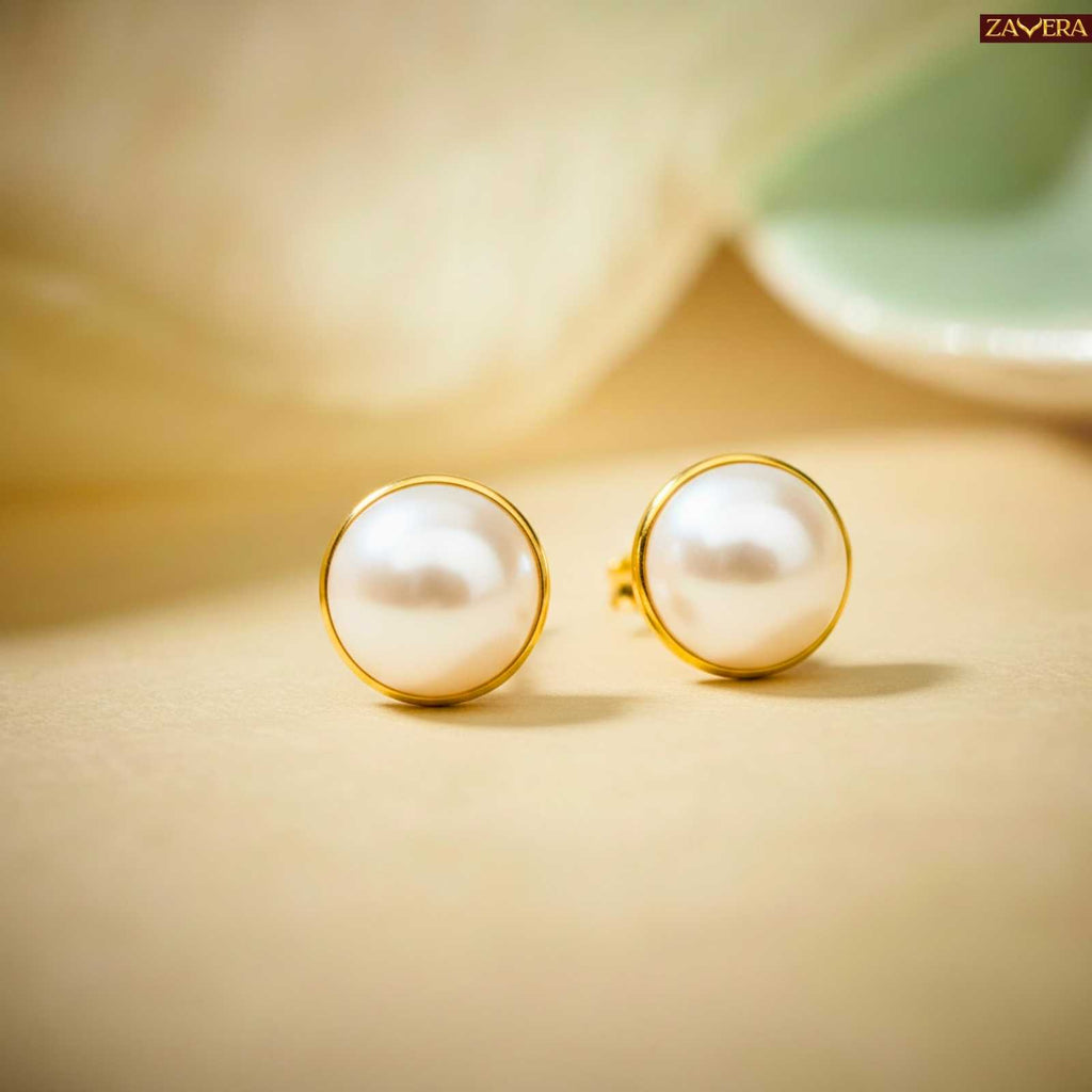 Zavera Classic Pearl Gold Plated Stud Earrings