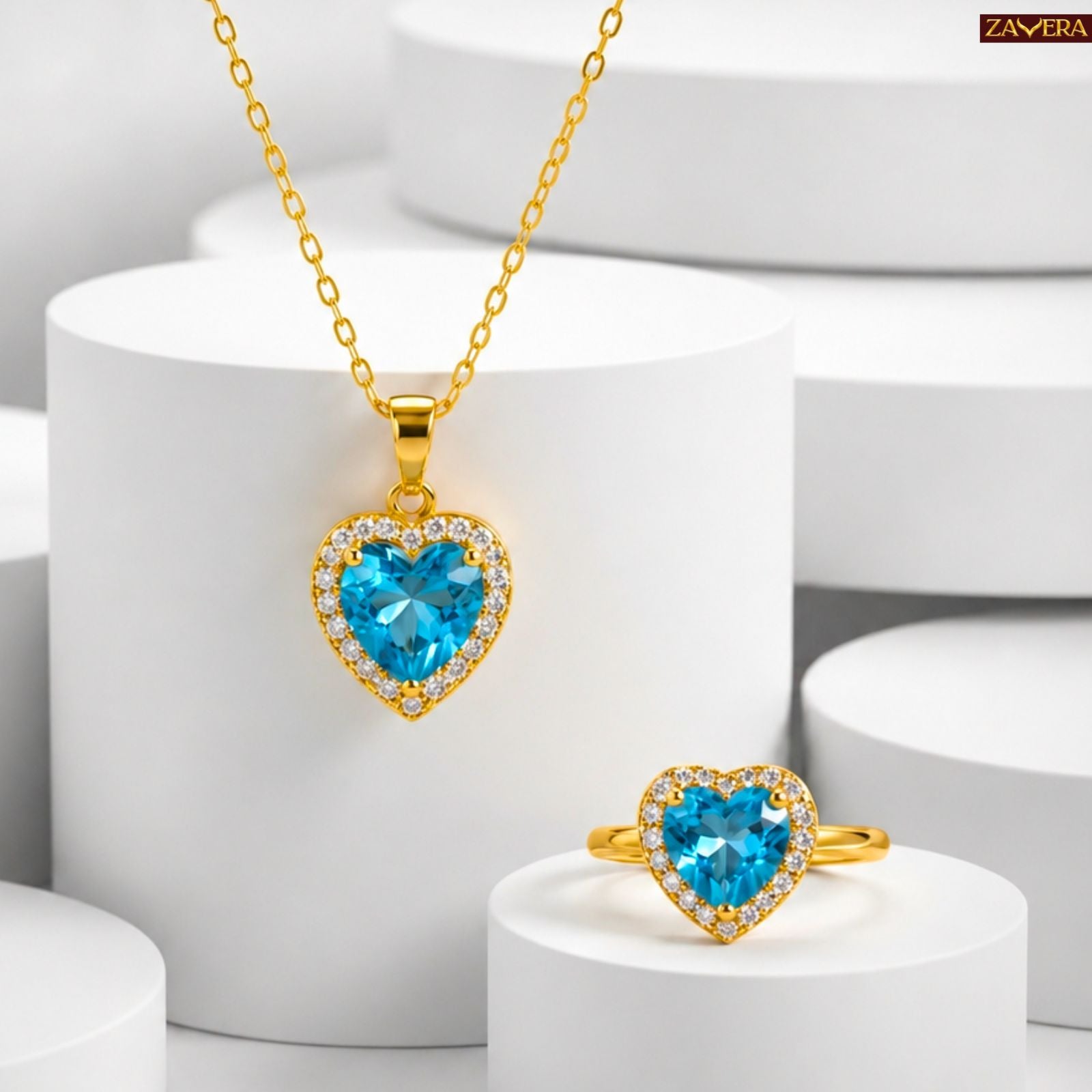 Zavera Gold Plated Blue Heart Jewelry Set | CZ Halo Pendant Necklace and Ring