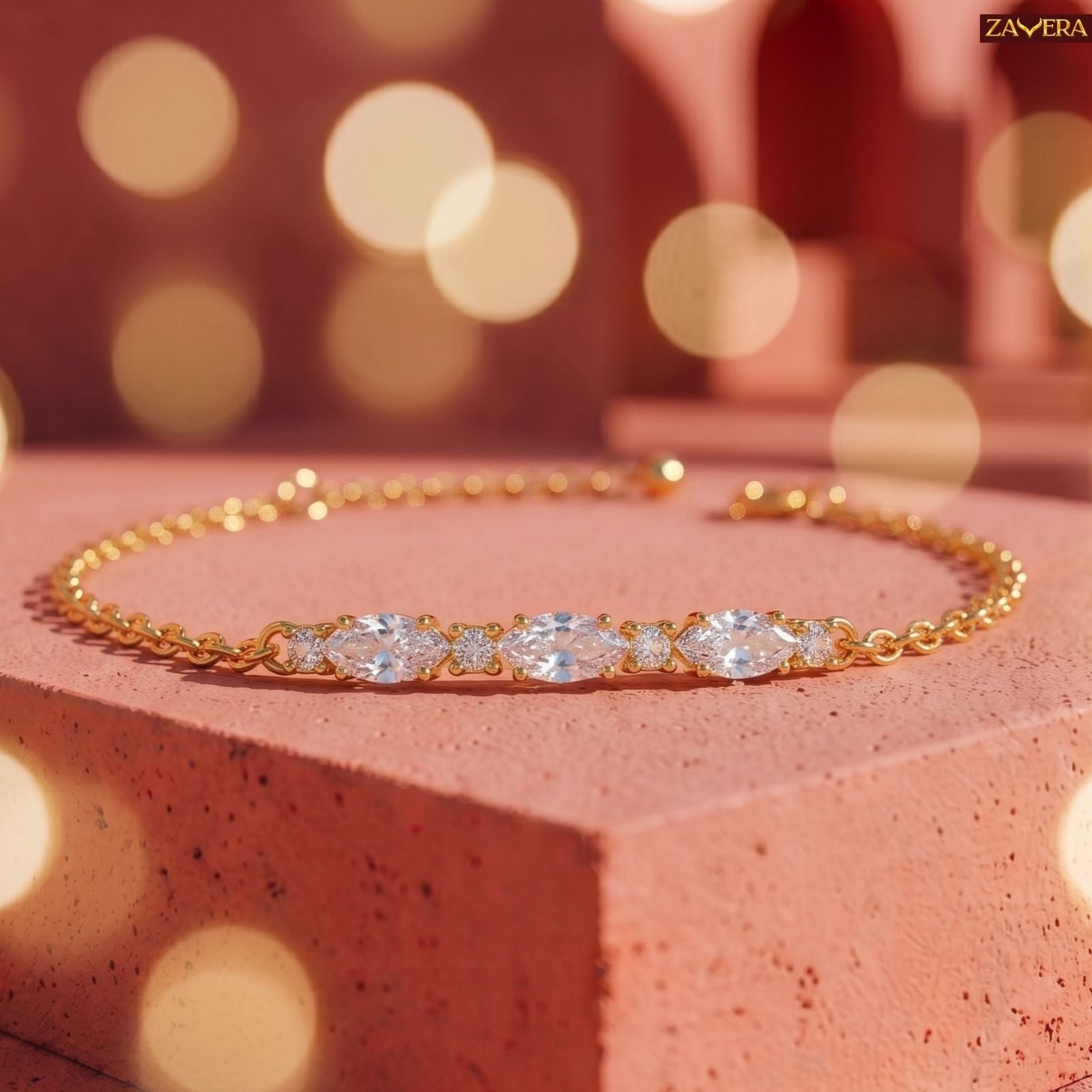 Zavera Gold Plated Dazzling Oval Cut American Diamond Bracelet for Women