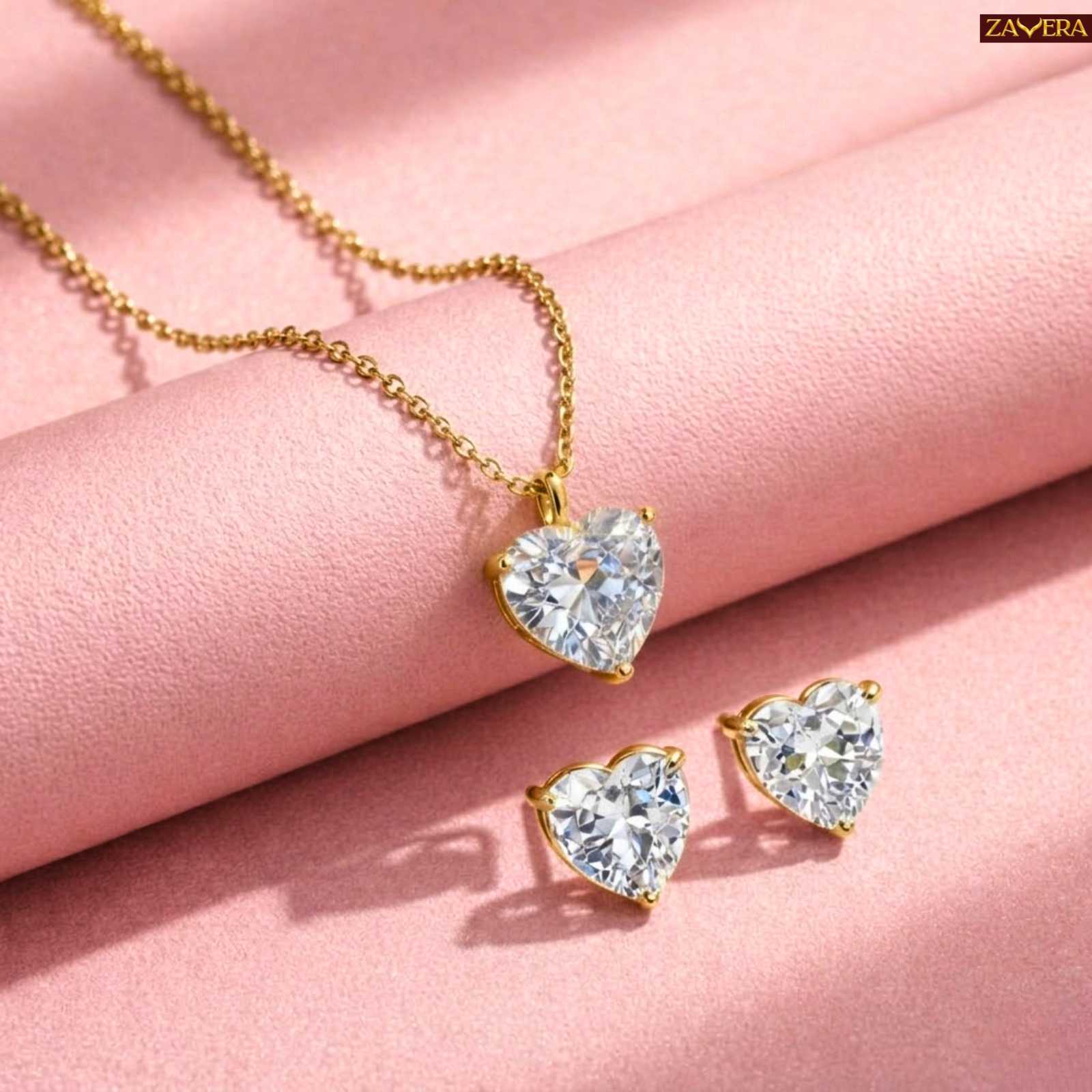 Zavera Gold Plated Crystal Heart Pendant & Stud Earrings Pendant Set