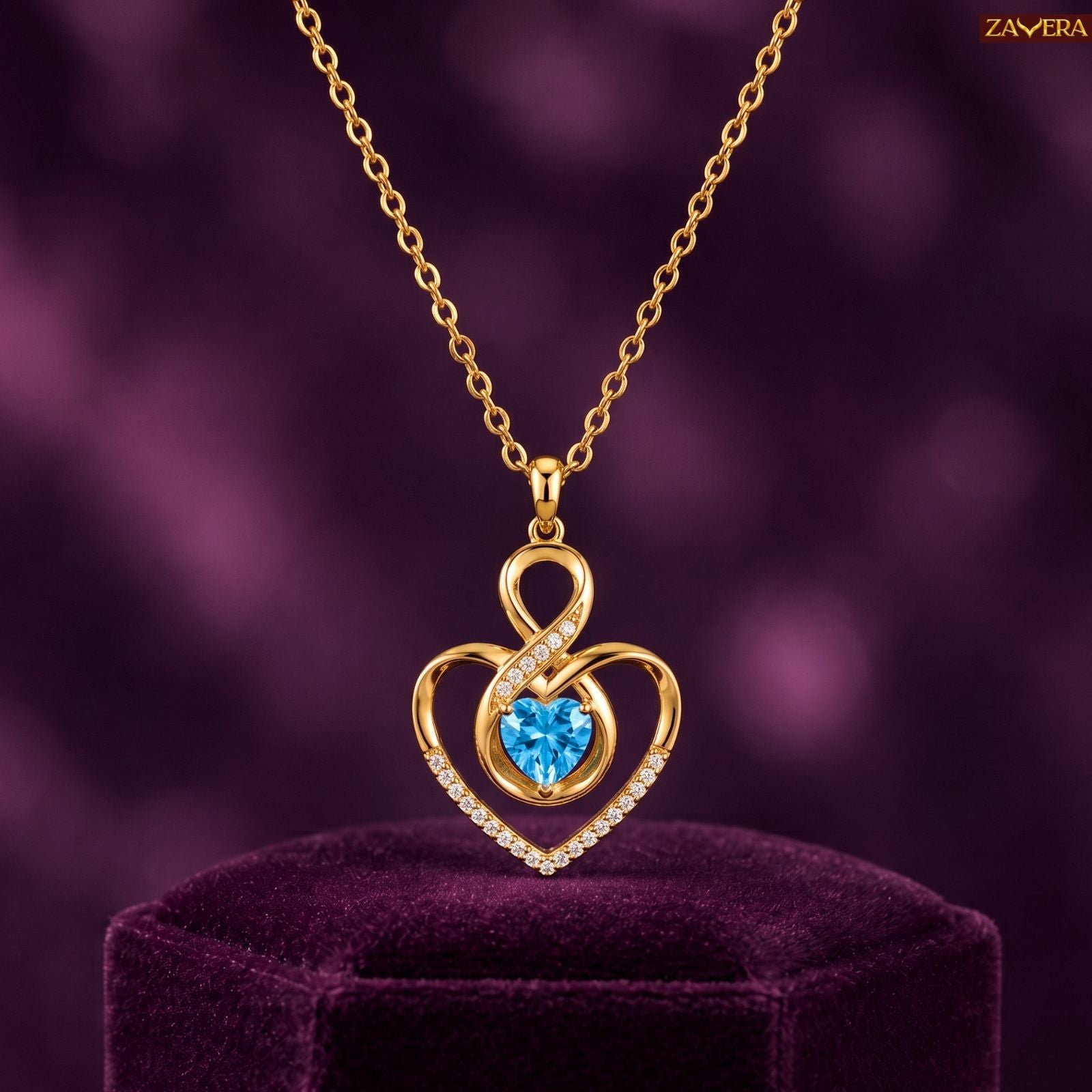 Zavera Gold Plated Blue Heart Crystal Pendant For Women