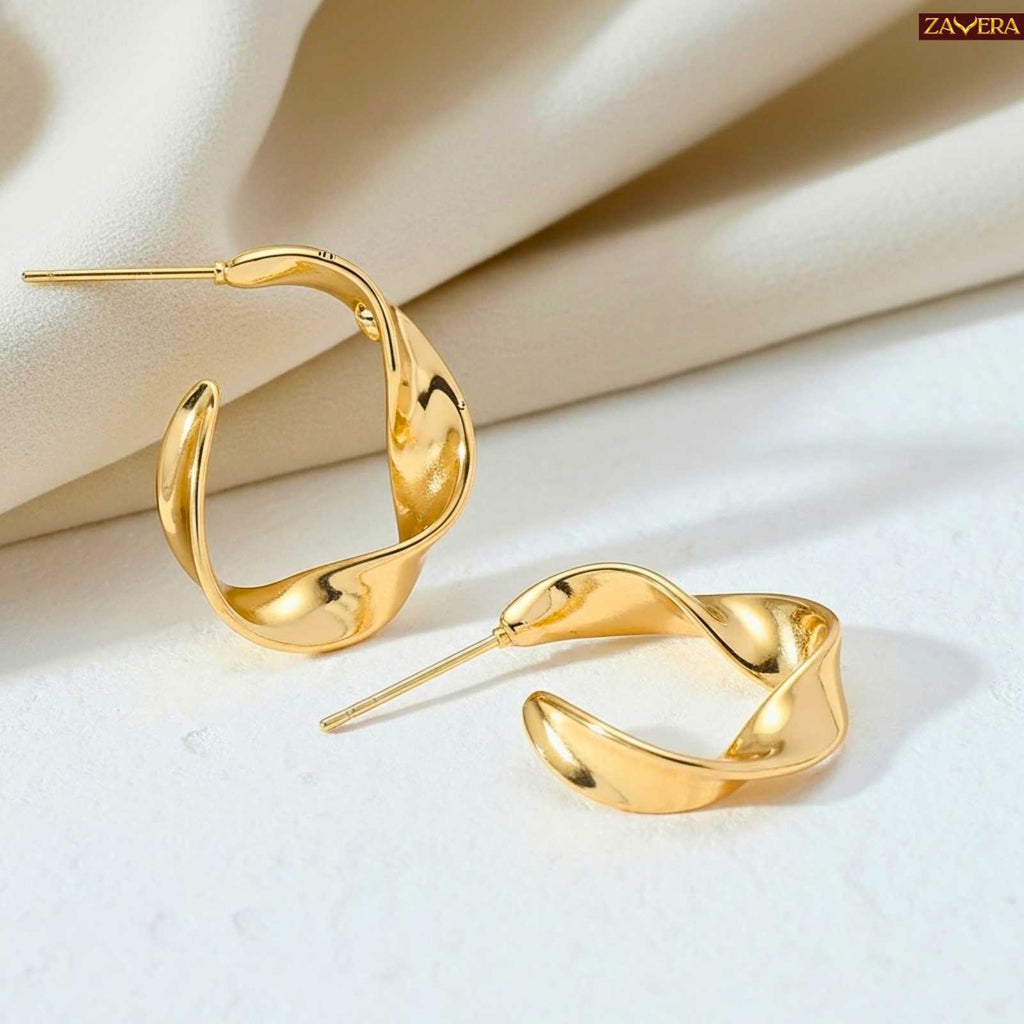 Wave Design Gold Plated Hoop Earrings For Women
