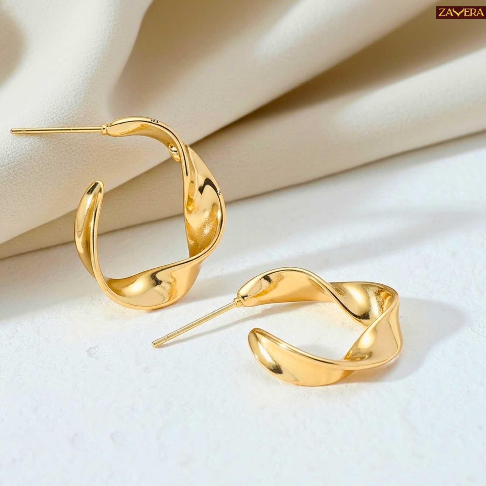 Wave Design Gold Plated Hoop Earrings For Women