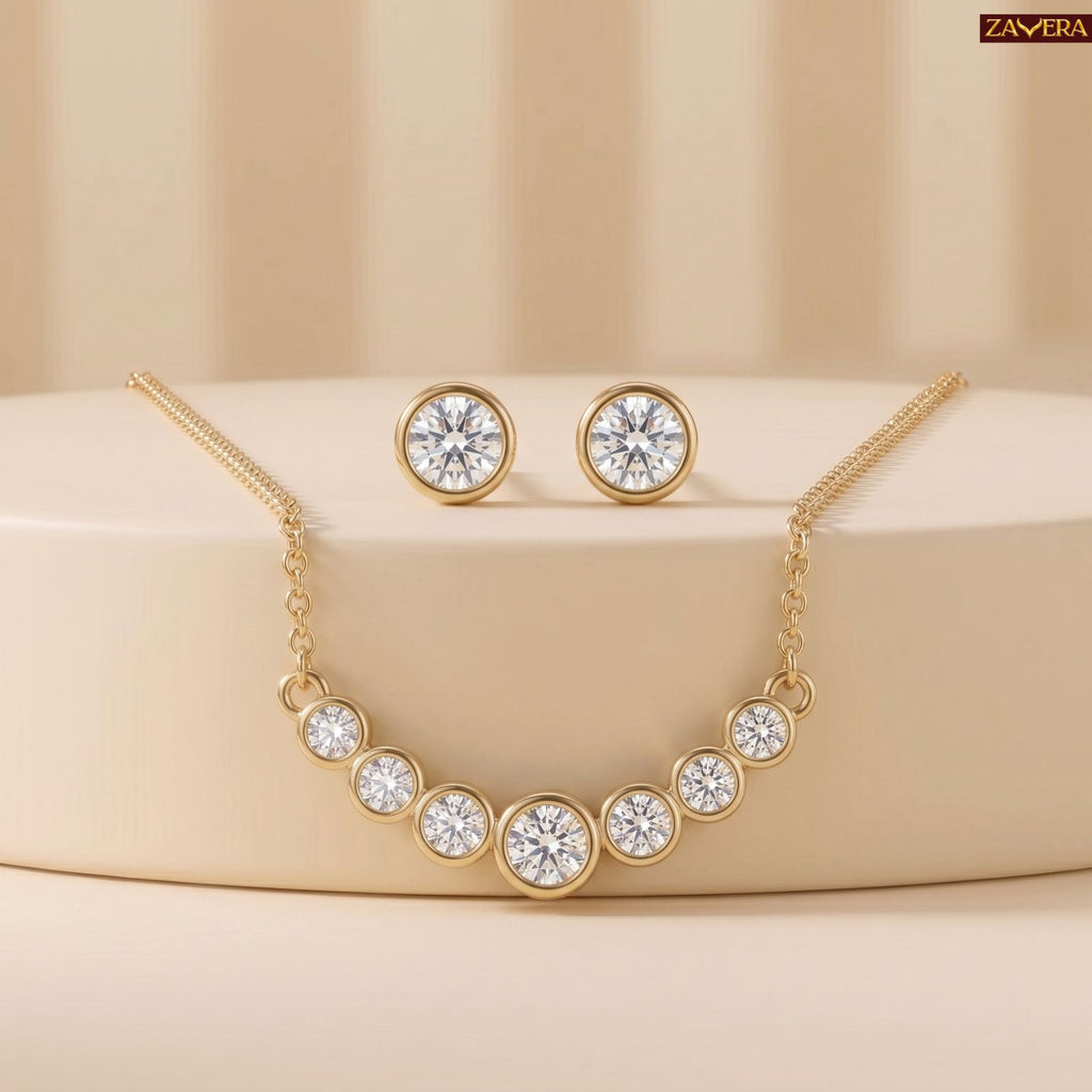 Zavera Gold Plated American Diamond Pendant with Stud Earrings for Women