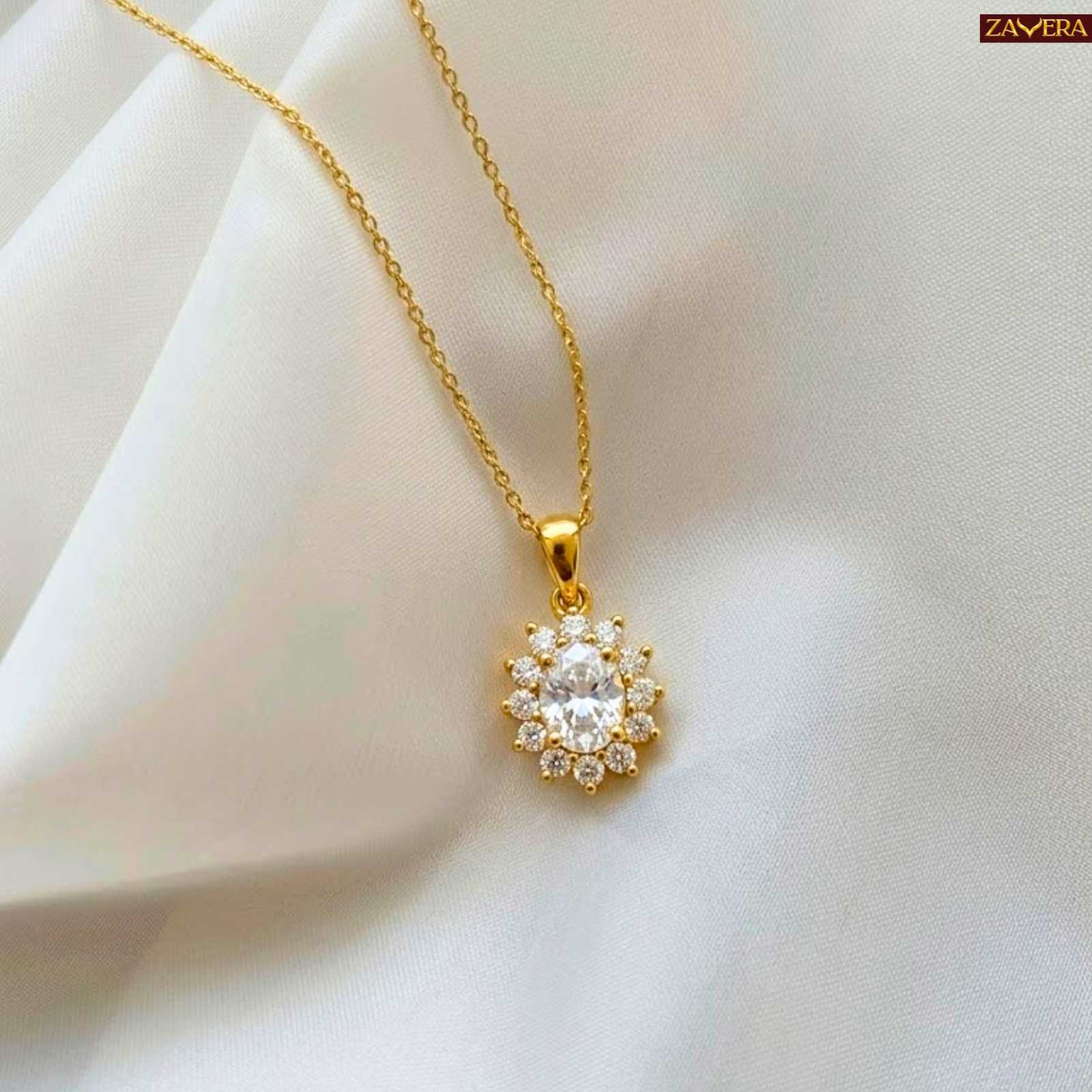 Zavera Floral Oval Gold Plated Pendant Necklace