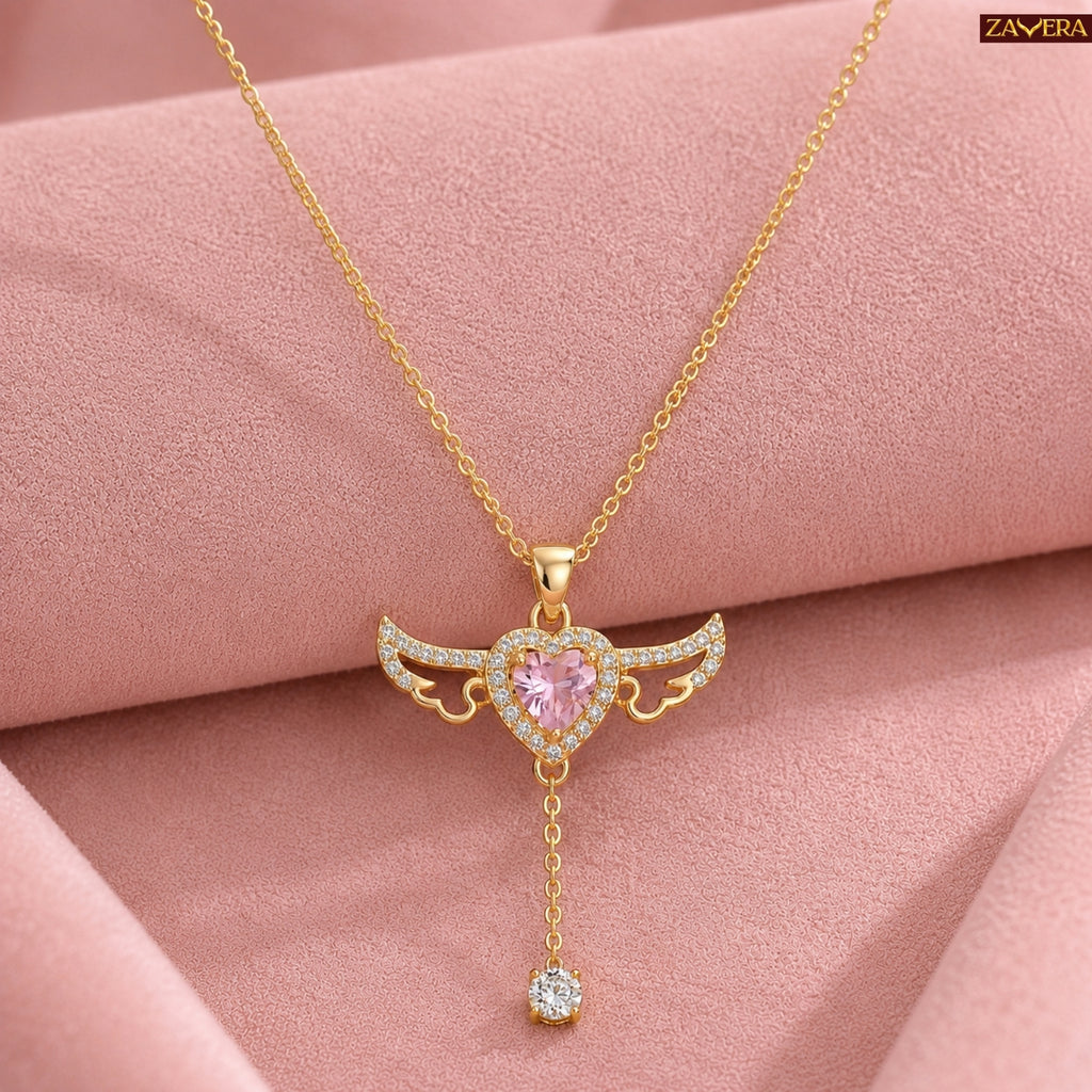 Zavera Gold Plated Pink Heart Angel Wing Pendant for Women