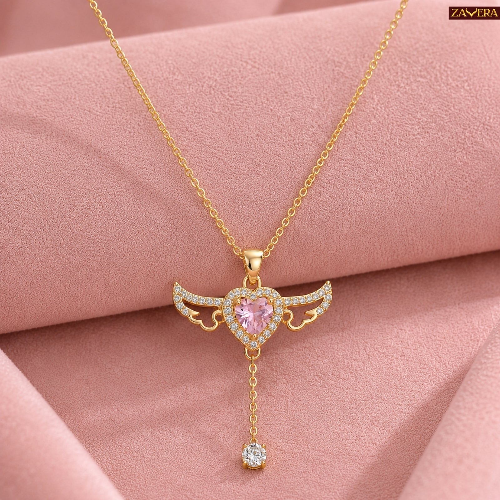 Zavera Gold Plated Pink Heart Angel Wing Pendant for Women