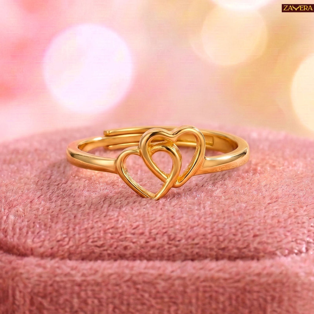 Zavera Brass 22K Elegant Double Heart Love Gold Plated Adjustable Ring For Women