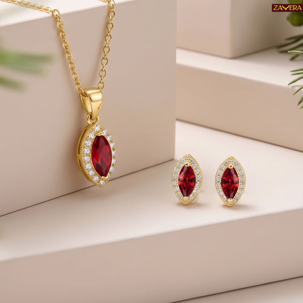 Zavera Gold Plated Ruby Red Marquise Pendant & Earrings Set For Women