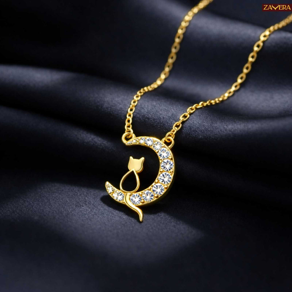 Zavera Gold Plated Crescent Moon Cat Pendant