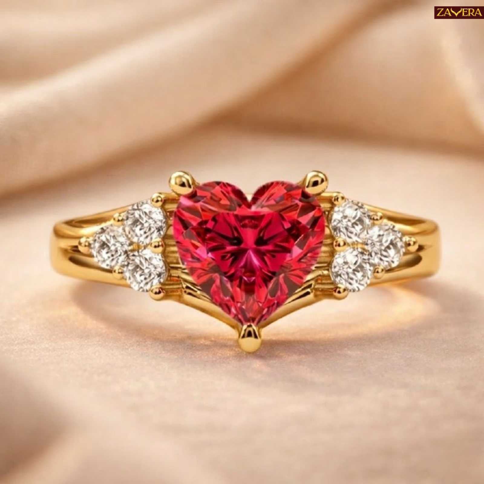 Zavera Gold Plated Ruby Heart Halo Adjustable Ring