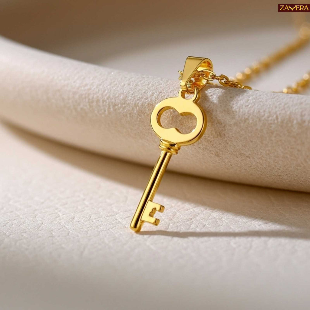 Gold Plated Key Pendant Necklace for Women Brass Chain Jewelry