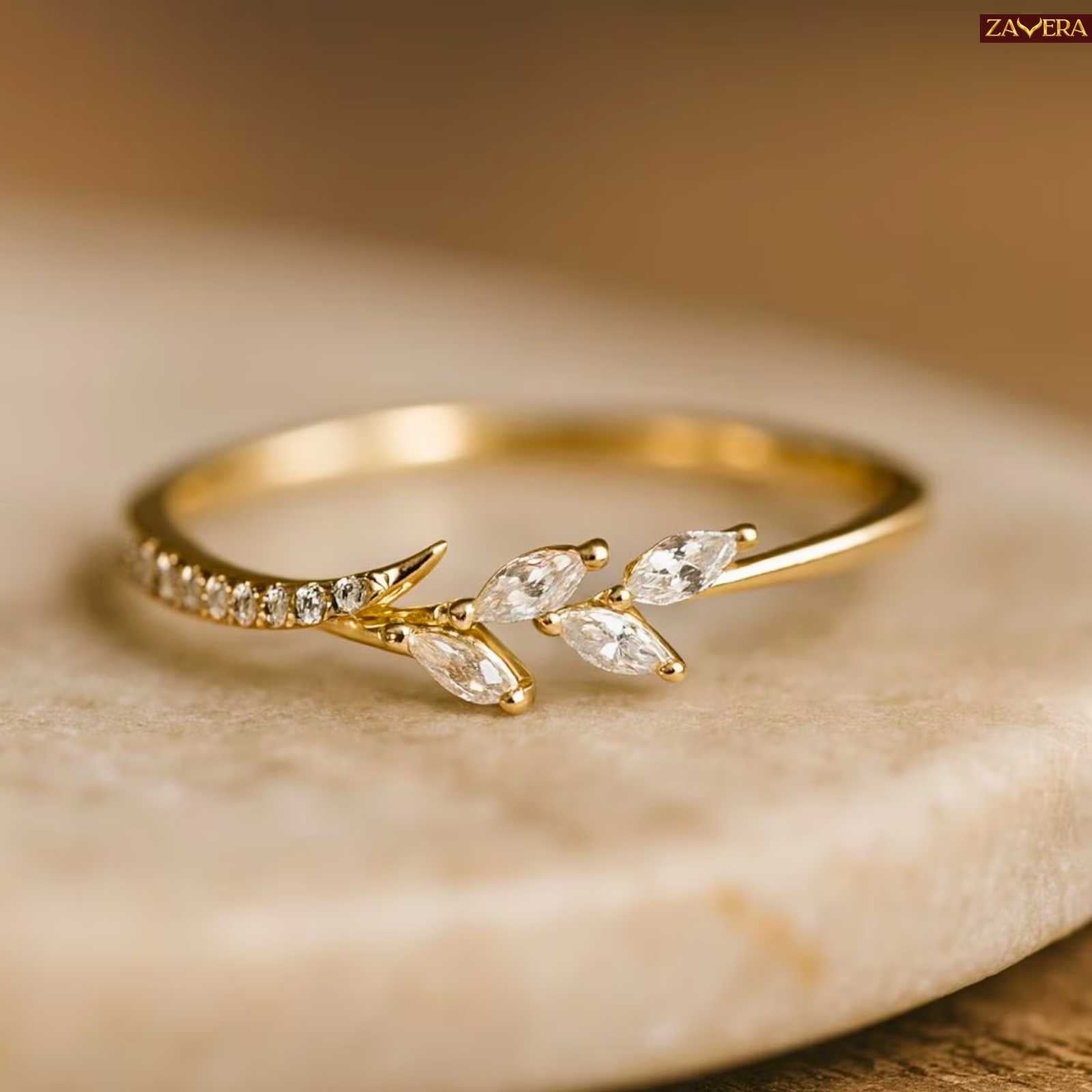 Zavera Gold Plated Crystal Leaf Adjustable Ring