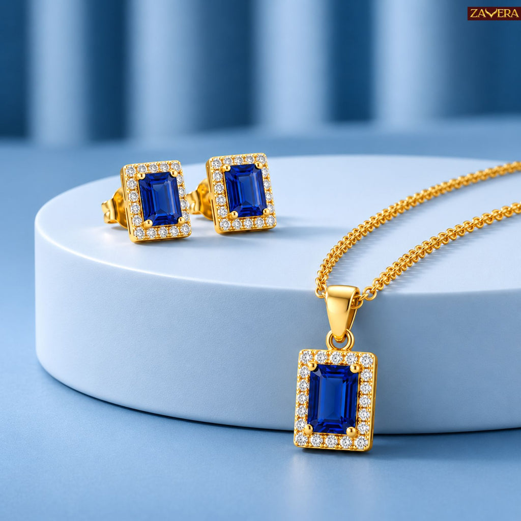 Zavera Rectangular Blue Crystal Halo Pendant Necklace and Earring Set for Women