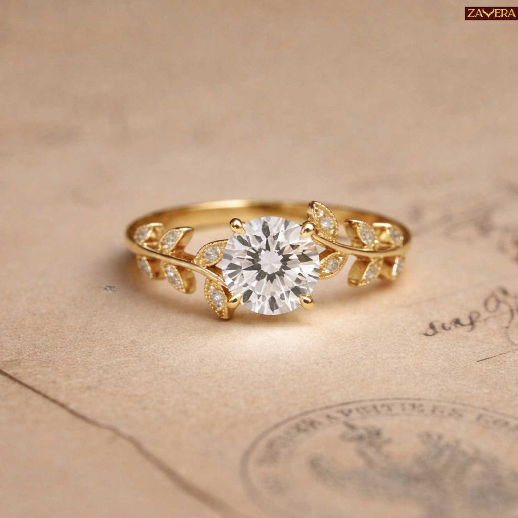 Zavera Gold Plated Leaf Vine Solitaire Adjustable Ring