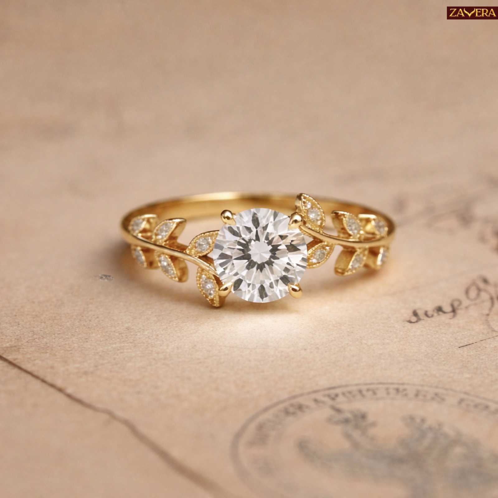 Zavera Gold Plated Leaf Vine Solitaire Adjustable Ring
