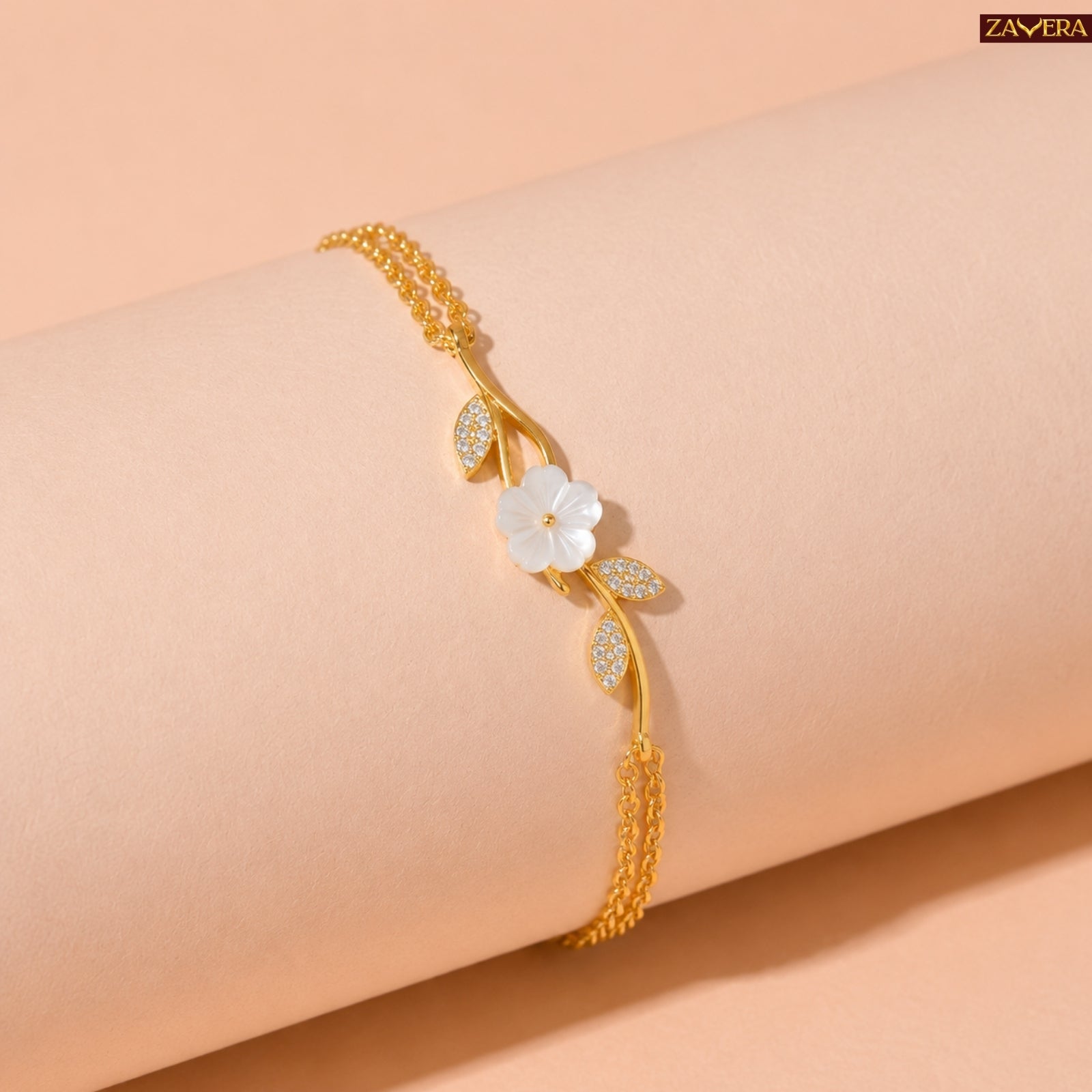 Zavera Gold Plated Carved Mother of Pearl Floral CZ Branch Bracelet for Women
