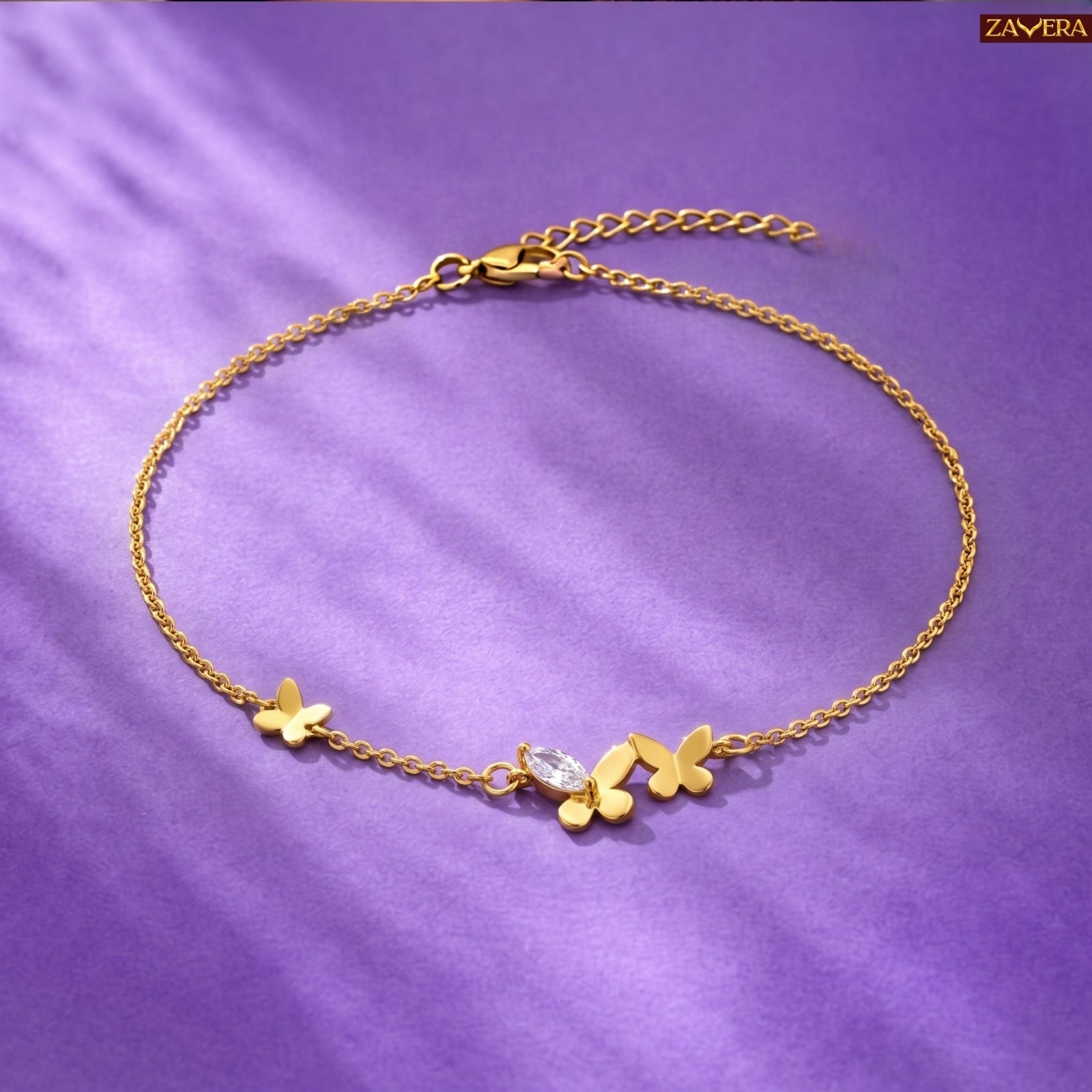 Zavera Gold Plated Playful Butterfly Charm CZ Chain Bracelet for Women