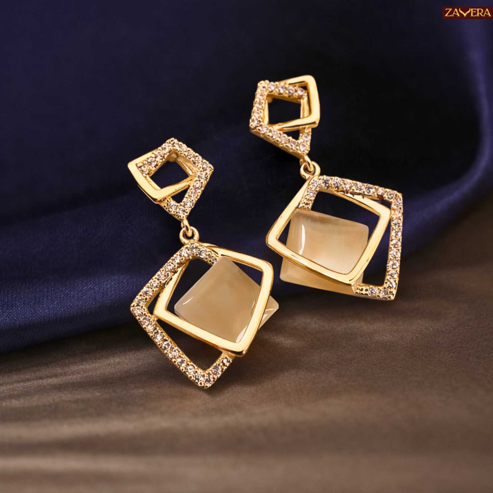 Geometric Crystal Square Gold Plated Drop Earrings For Women