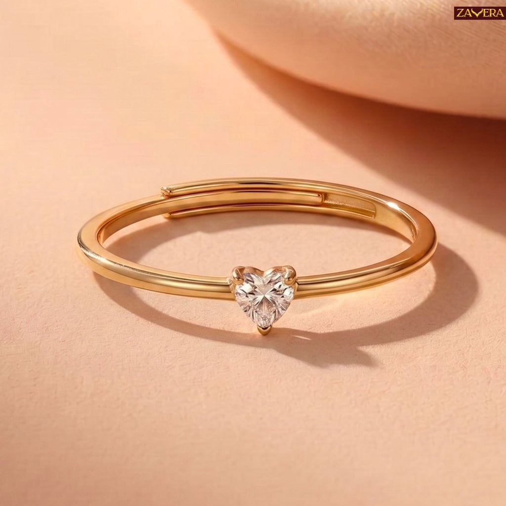 Zavera Brass 22K Heart Shape Solitaire Gold Plated Ring For Women