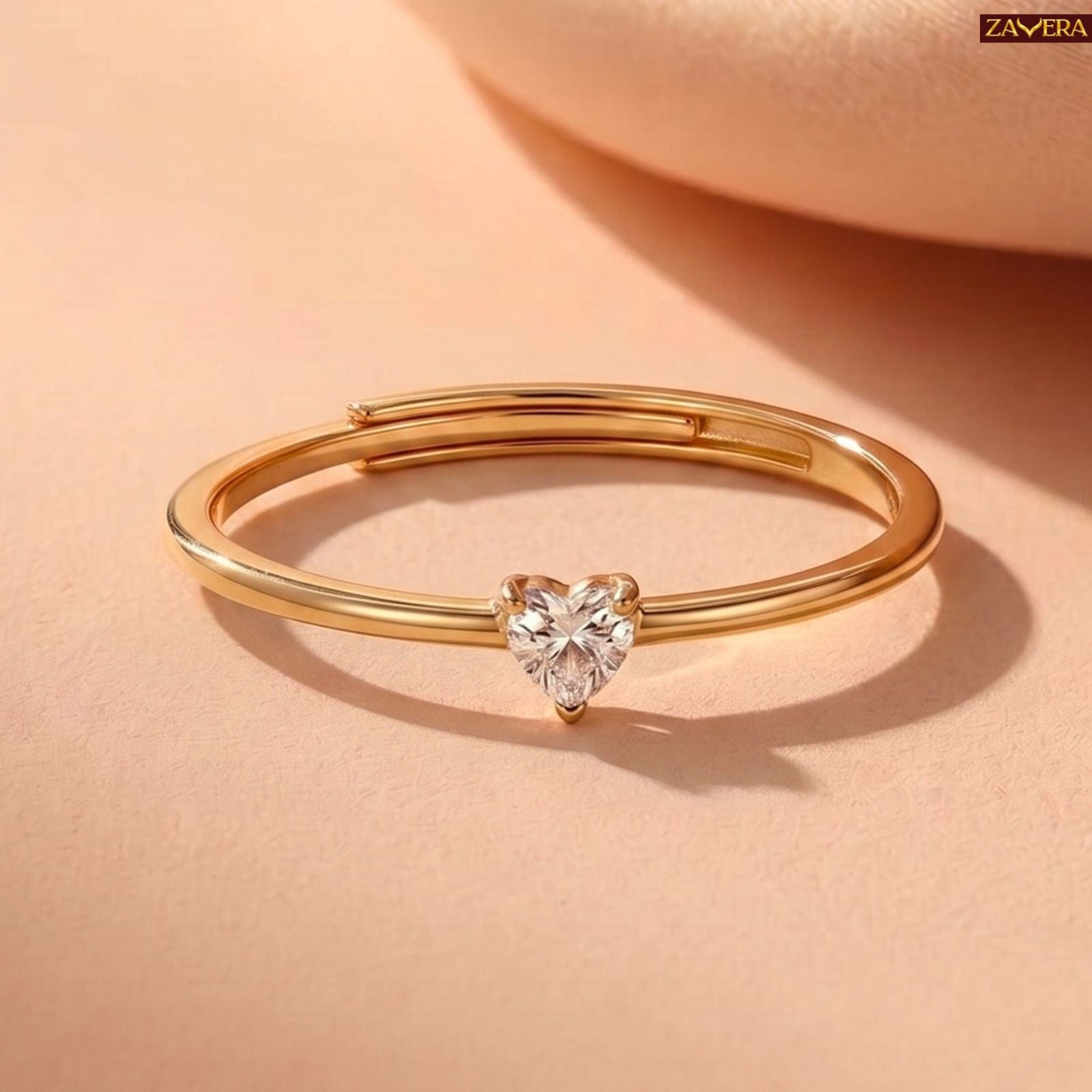 Zavera Brass 22K Heart Shape Solitaire Gold Plated Ring For Women