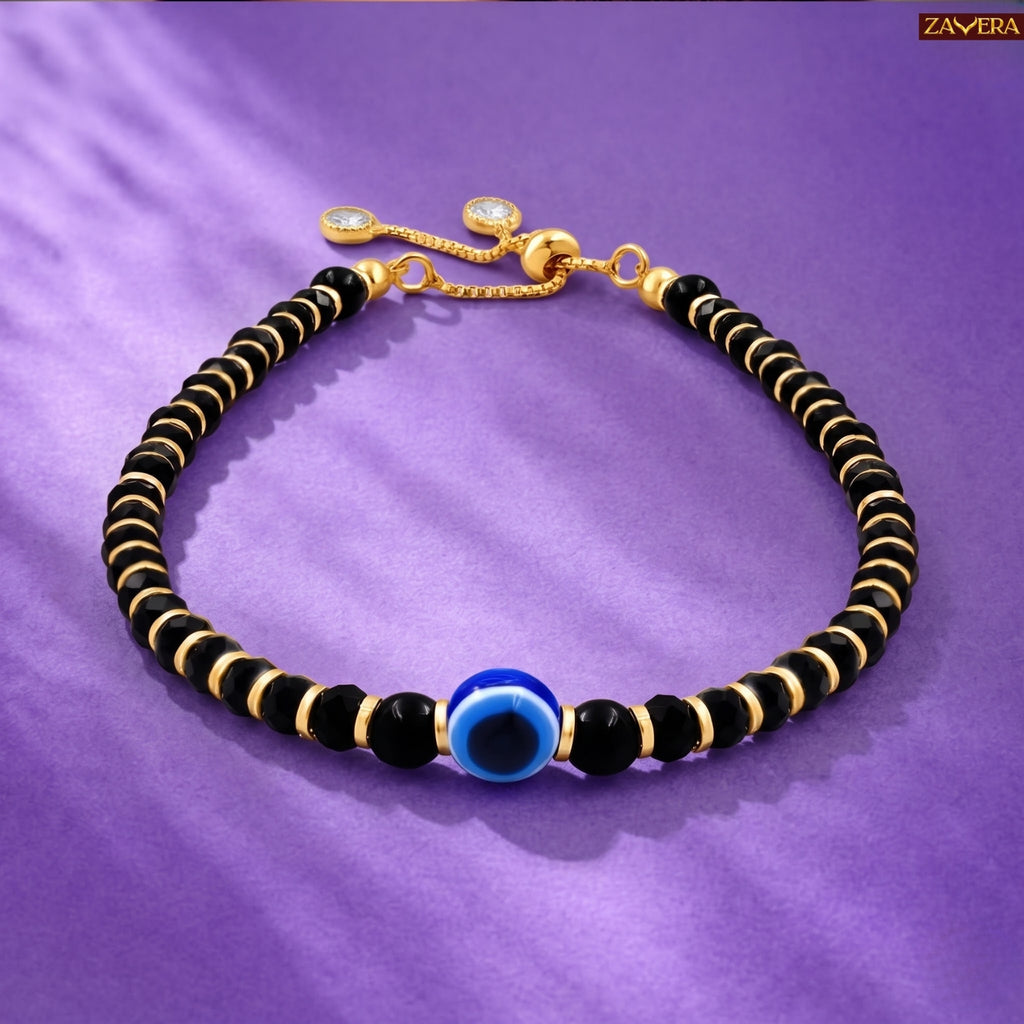 Zavera Gold Plated Black Beaded Evil Eye Bracelet for Women
