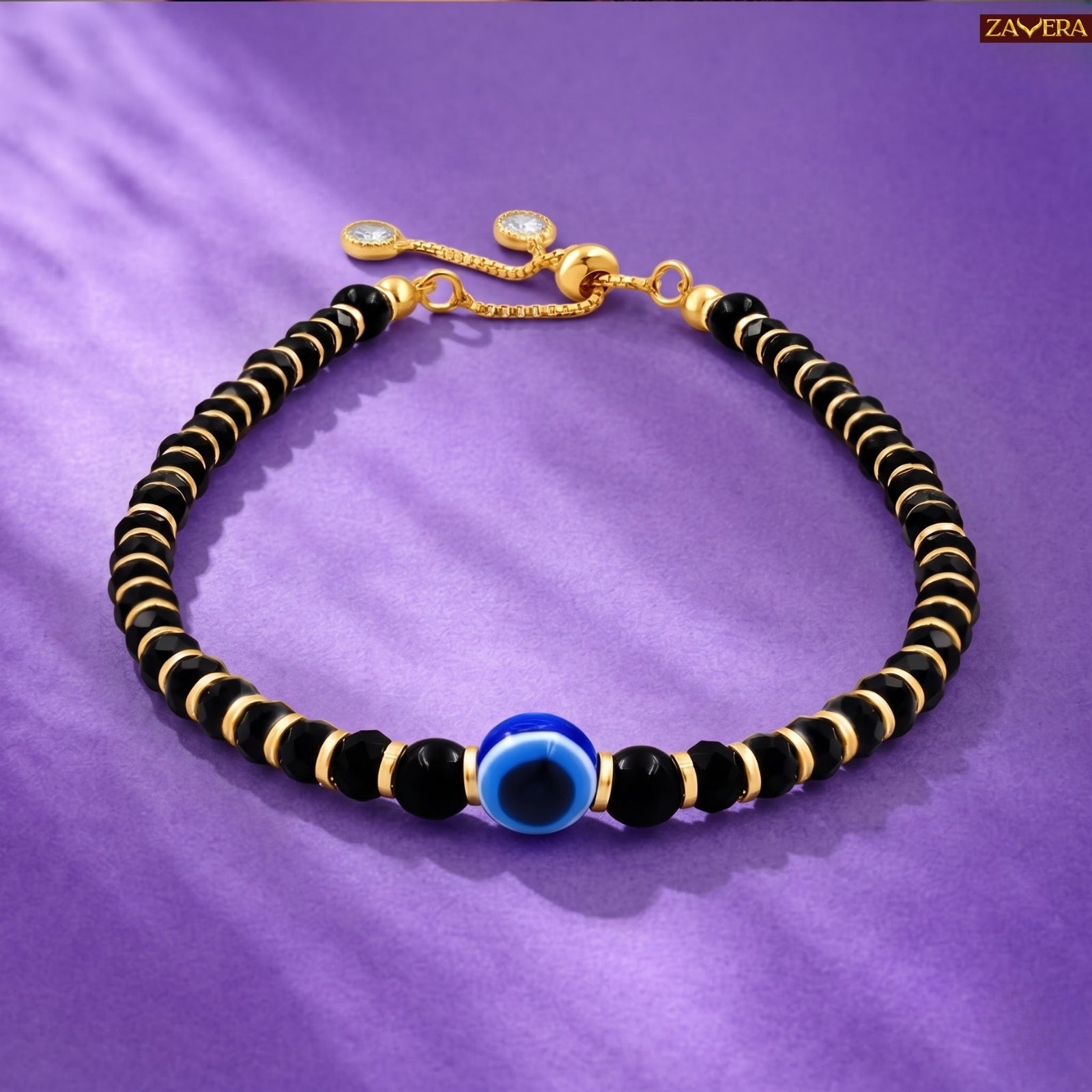 Zavera Gold Plated Black Beaded Evil Eye Bracelet for Women