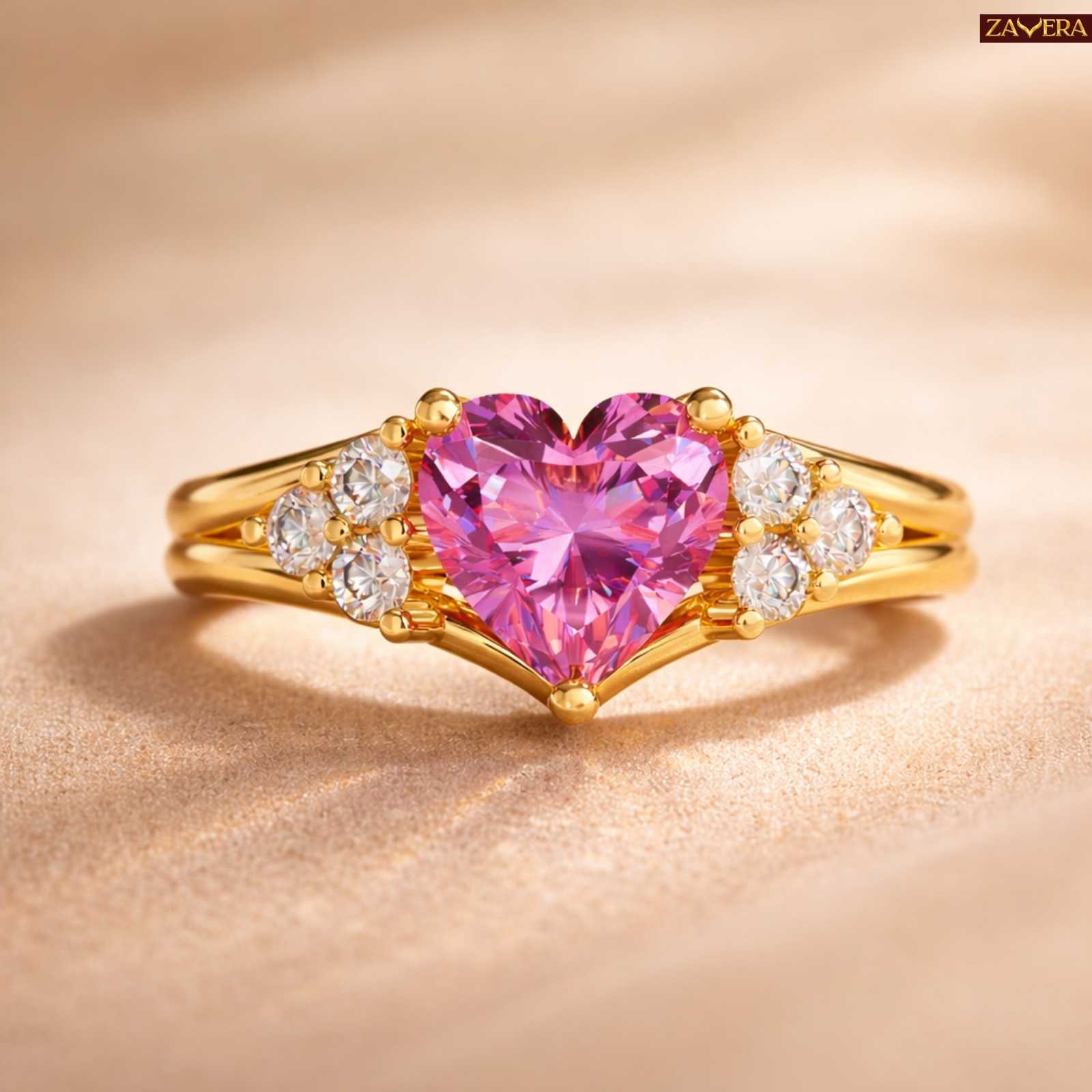 Zavera Gold Plated Pink  Heart Accent Adjustable Ring
