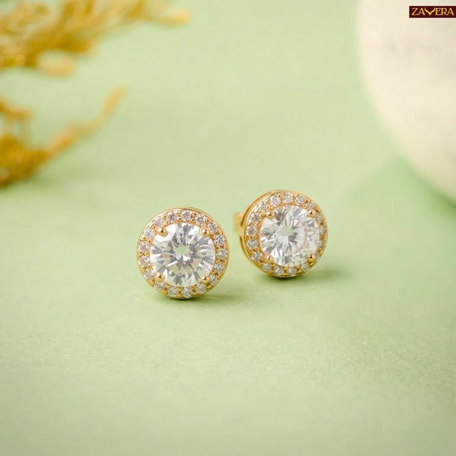 Zavera Gold Plated Round Halo American Diamond Stud Earrings for Women