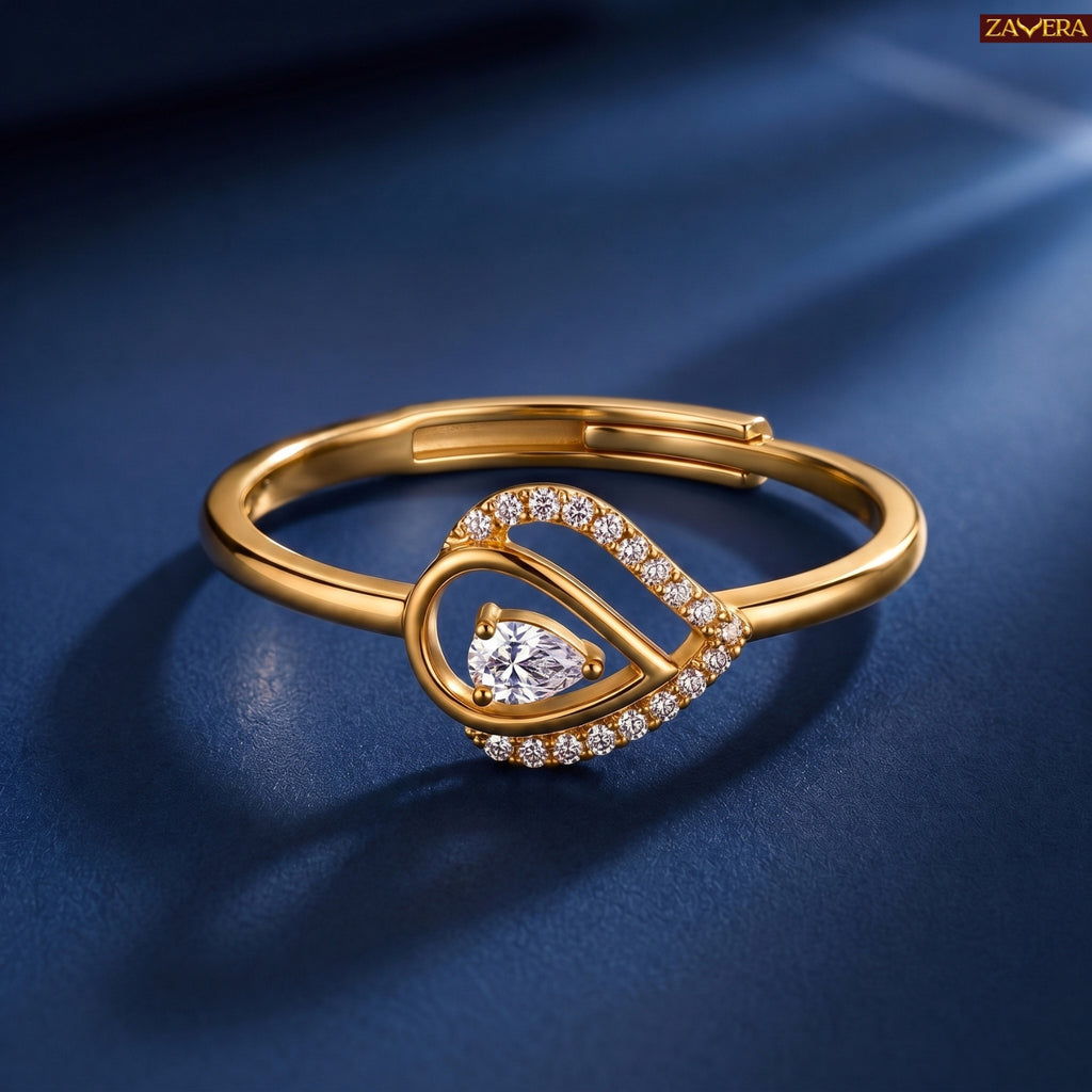 Zavera Brass 22K Teardrop Halo Gold Plated Leaf Ring For Women