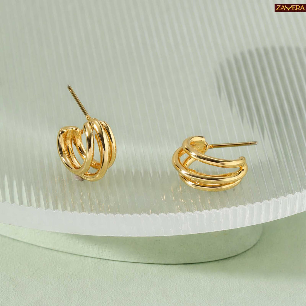 Minimal Triple Ring Gold Plated Earrings For Women