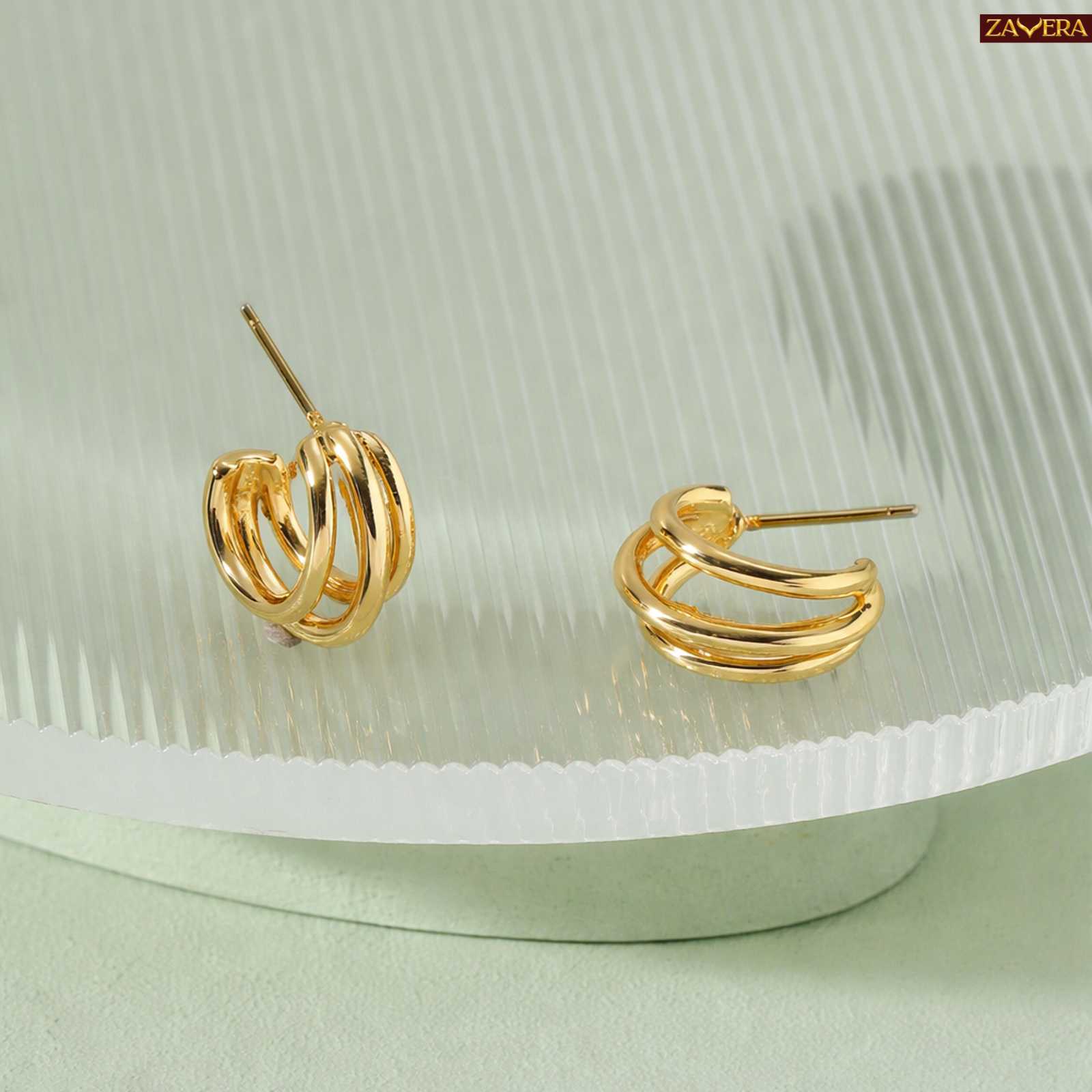 Minimal Triple Ring Gold Plated Earrings For Women