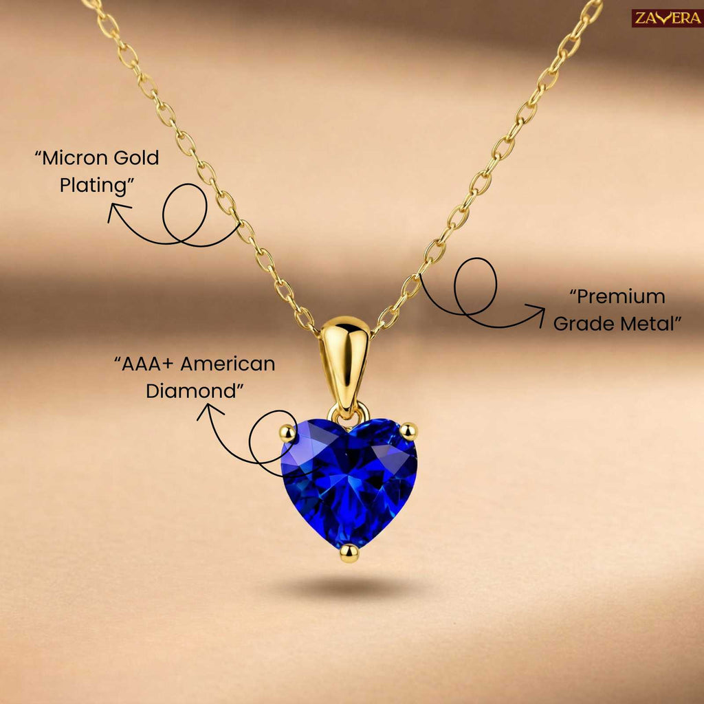 Zavera Royal Blue Heart Shape Crystal Pendant Gold Plated