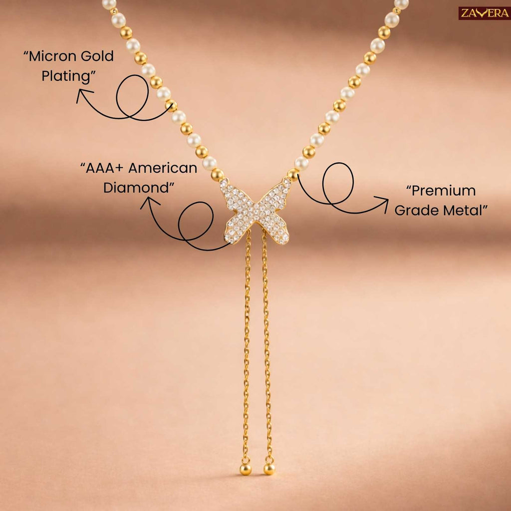 Zavera Butterfly Pearl Chain Diamond Gold Plated Necklace