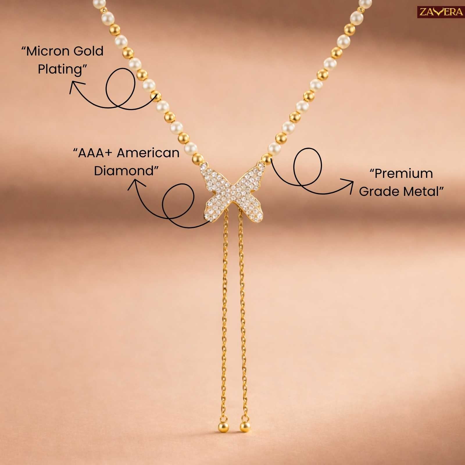 Zavera Butterfly Pearl Chain Diamond Gold Plated Necklace